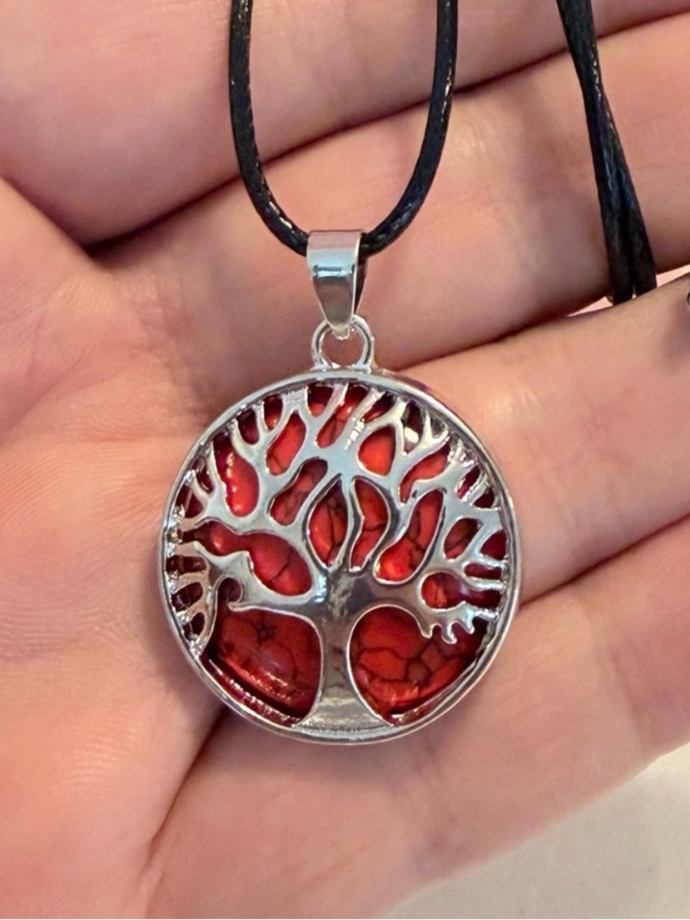 Silver Tone Tree Of Life Necklace Red Round Pendant Black Cord (N28)